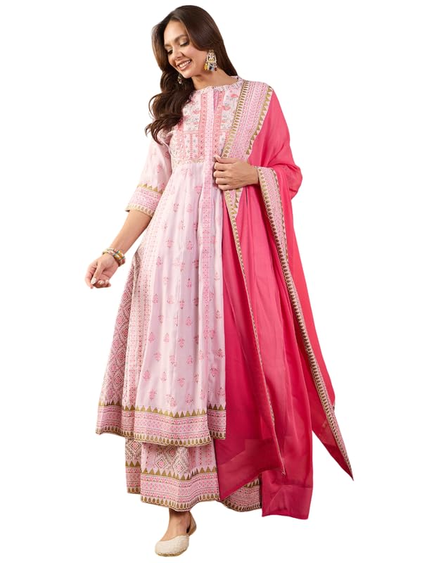 Image of Women's Pure Silk Printed Embroidery Kurta Palazzo & Dupatta Set