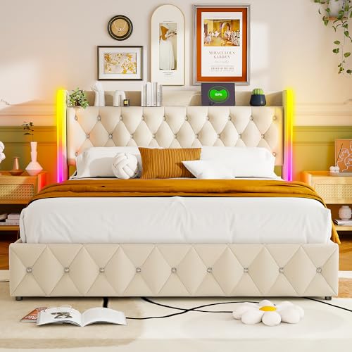 Qmtxbyj Polsterbett 140x200 Beige mit LED