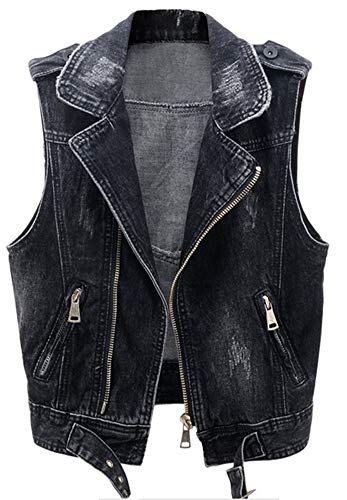 Kedera Women Sleeveless Motorcycle Biker Denim Vest Zip Jean Cropped Jacket (Black, X-Small)