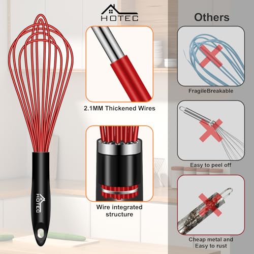 Image of HOTEC 4 Pieces Silicone Whisks Set, Wire Balloon Whisks for cooking Egg Beater, Non-slip Handle Whisk for Non-stick Cookware Perfect for Cooking, Stirring, Beating and Blending,Multicolor