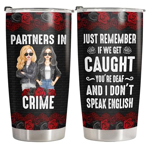 34HD Partners in Crime Tumbler 20oz with Lid, BFF Bestie Insulated Travel Coffee Mug, Crimes Joke Birthday Gift for Friends, Friendship and Besties