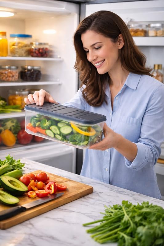 Image of Raawan Fridge Storage Boxes - Stackable Food Storage Containers | Removable Drain Plate & Lid | Durable Fridge Organizer to Keep Food Fresh Longer | Ideal for Fruits, Vegetables | 1200ml Pack of 10