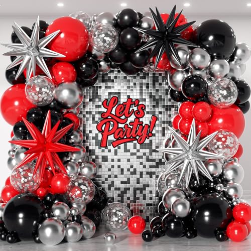 Image of 153Pcs Red and Black Silver Balloons Garland Arch Kit with Stars -22 18 12 10 5 inch Different Size Red Black Metallic Silver Balloon for Birthday Graduation Racing Car Poker Party Decorations