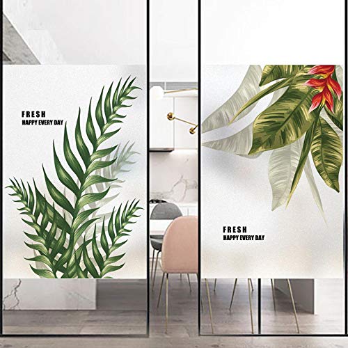 Window Film Privacy Frosted Tropical Leaf Window Covering Decorative Window Stckers Static Window Clings Heat Control Window Treatment for Home/Office 23.62"x78.74"(60x200cm)