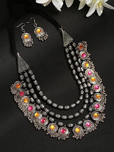 YouBella Fashion Jewellery Set for Women Antique Oxidised Silver Plated Tribal Jewellery Necklace Earring Set for Women & Girls.(Valentine Gift Special). (Multi) - Image 3