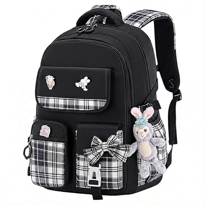 DRAYA DEAL’S Cute & Stylish School Backpack Cartoon Aesthetic Lightweight Multi-Pocket School Bag for Kids, Girls, Teen Girls & Ideal for Daily Use, Travel & School (CHECKS SCHOOL BAG, Black)