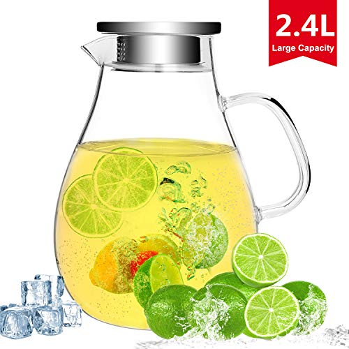 2.4 Liter Glass Water Pitcher with Lid, Large Glass Iced Tea Pitcher Jug