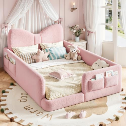 Image of Full Size Kids Bed with Bow-Shaped Headboard, Upholstered Teddy Fabric Twin Daybed with Slats Support & Side Pockets, Space-Saving Wooden Corner Sofa Couch Bed Frame for Girls, Boys, Teenager(Pink)