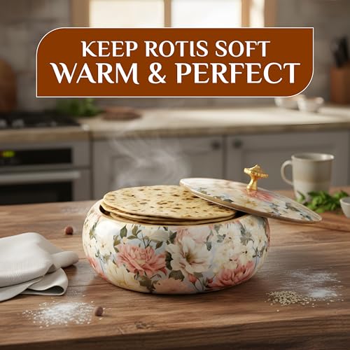 Image of Handcrafted Premium Wooden Roti Casserole - 9 x 9 x 4 Inches | Hot Roti Case & Chapati Box For Kitchen & Dining | Chapati Serving Hotbox Serveware With Gold Embossed Knob