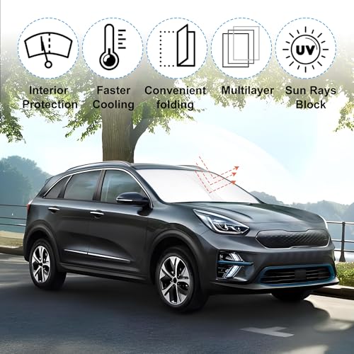 Image of Windshield Sun Shade Custom Fit for 2017 2018 2019 2020 2021 2022 Kia NIRO Accessories Foldable Sunshade Sun Blocker Protect Car from Sun Rays & Heat Damage Keep Car Cooler