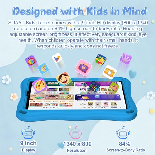 Image of Kids Tablet, Android 15 Tablets for Kids with Octa-Core, 9 inch Toddler Tablet with 12GB 32GB 2TB Expand, 1340*800 IPS Display, Drop-proof EVA Case, Parental Control, Dual Camera, WiFi 6 - Blue