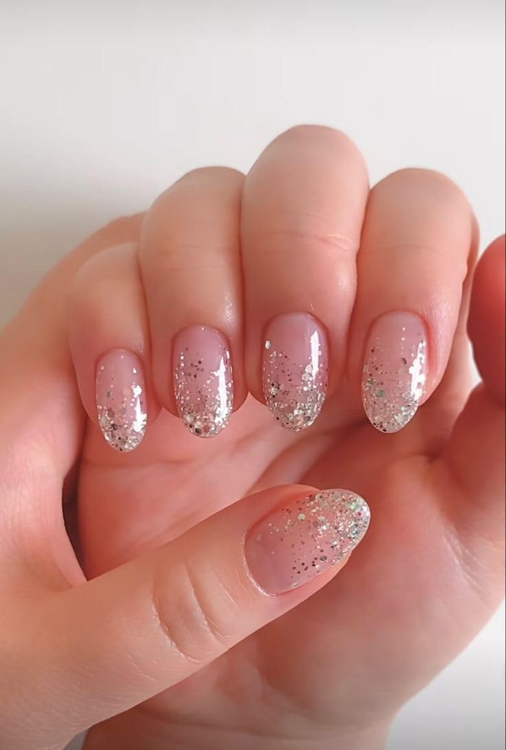 Set Of 14Pc, Press-On, Short Almond Shaped Glossy Pink Base with Silver Sparkles, Nail Extensions With Free Glue Kit-picture-53