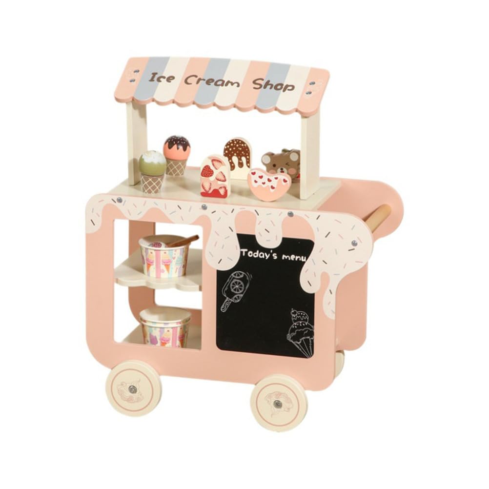Set da Gioco Carretto di Gelato in Legno, Bancarella Finta di Dolci | Giocattolo camioncino dei gelati in legno mobile, carretto degli snack finto con lavagna