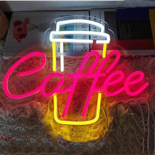 Image of Coffee Neon Sign Led Dimmable Acrylic Neon Signs for Coffee Shop Salon Home Bar Decor,Decorative Glow Signs for Room Pub Club Party Decoration,Usb Powered(Red Coffee+Yellow)