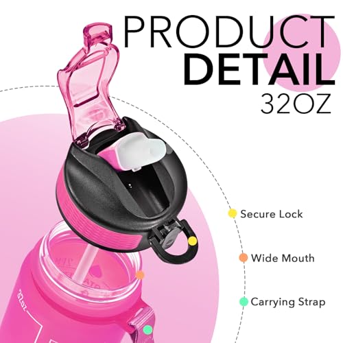 Image of Hyeta 32 oz Water Bottles with Times to Drink and Straw, Motivational Water Bottle with Time Marker, Leakproof, Drinking Sports Water Bottle for Fitness, Gym and Outdoor