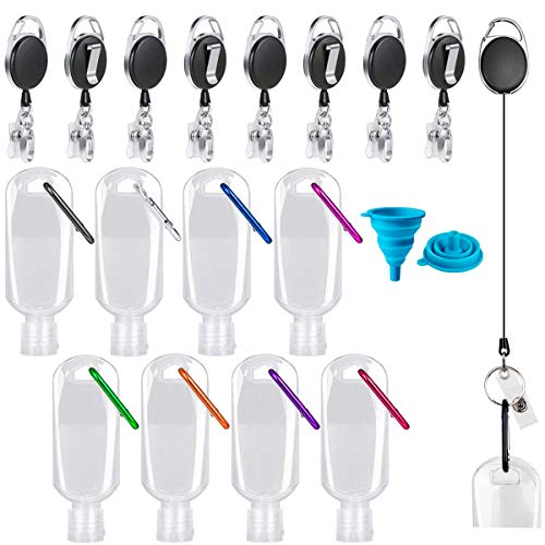 Juego de botellas de viaje recargables de plástico vacío, botellas de apriete portátiles, carretes de insignia, cabezales de pulverización, clips de anillo en D, embudo de silicona