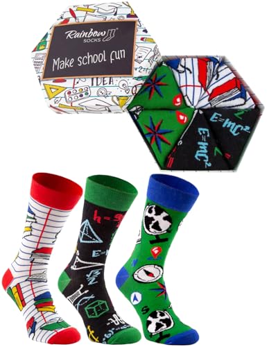Rainbow Socks - Damen Herren Lustige Schule Socken Box Geschenk- 3 Paar - Notizbuch Mathe Geographie - Größen 41-46
