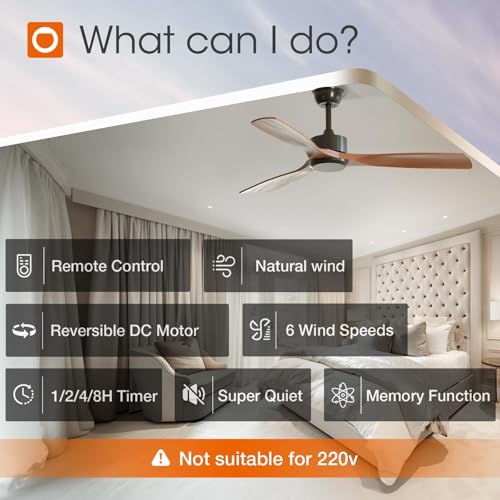 Image of addlon 1 Pack 52 inch Ceiling Fan No Light and Remote Control, Reversible, 3 Wood Blades, 6 Speeds, Noiseless, Indoor /Outdoor Black Walnut Ceiling Fan for Bedroom Shop Patio Gazebo Farmhouse