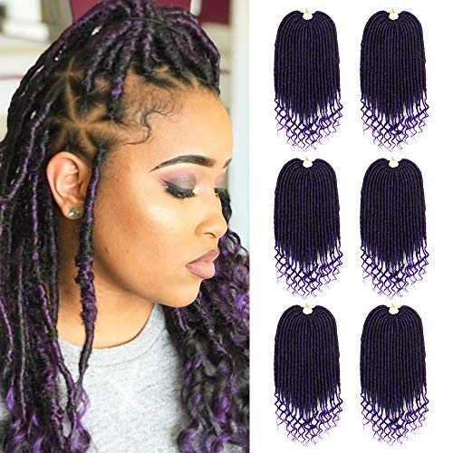 6 Pack Straight Goddess Locs Crochet Hair with Curly End 20 Inch Ombre Purple Faux Locs Crochet Hair Braids Soft Synthetic Hair Extensions