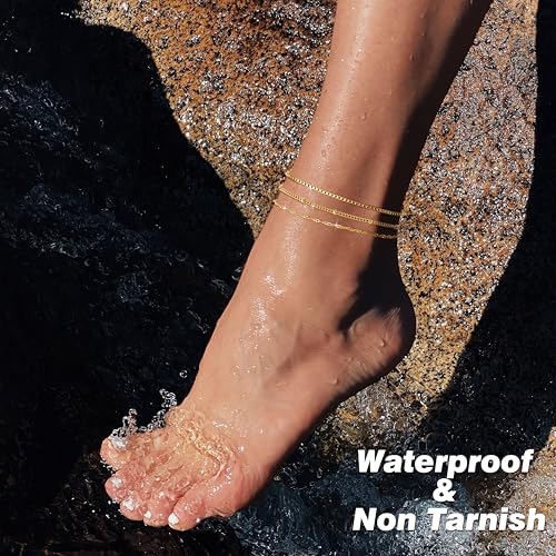 FUNRUN JEWELRY Gold Ankle Bracelets,14 k Gold Plated Waterproof Stainless Steel Cuban Link Chain Ankle Set Paperclip Figaro Layered Anklets Bracelets for Women Dainty Summer Beach Jewelry 5Pcs2