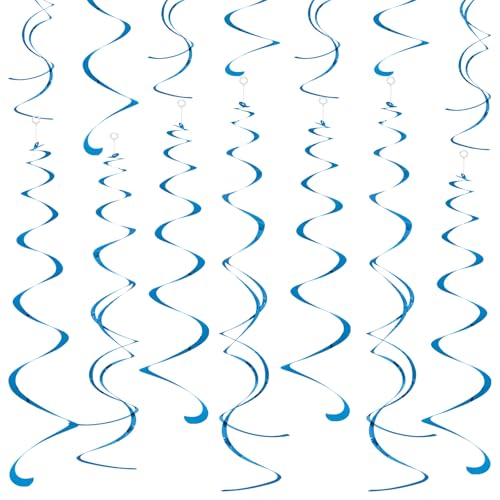 Image of Blue Ceiling Swirl Foil Decorations Hanging Plastic Streamer Themed Swirl Party for Birthday Wedding Baby Shower Sea Nautical Themed Party, Pack of 28