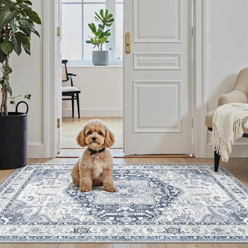 Madane Washable Area Rug 2x3, Small Entryway Rug Non-Slip Vintage Door Mat Indoor Entrance, Low Pile Floor Carpet for Inside Front Door Bedroom Kitchen Entry Laundry (2'x3', Navy/White)