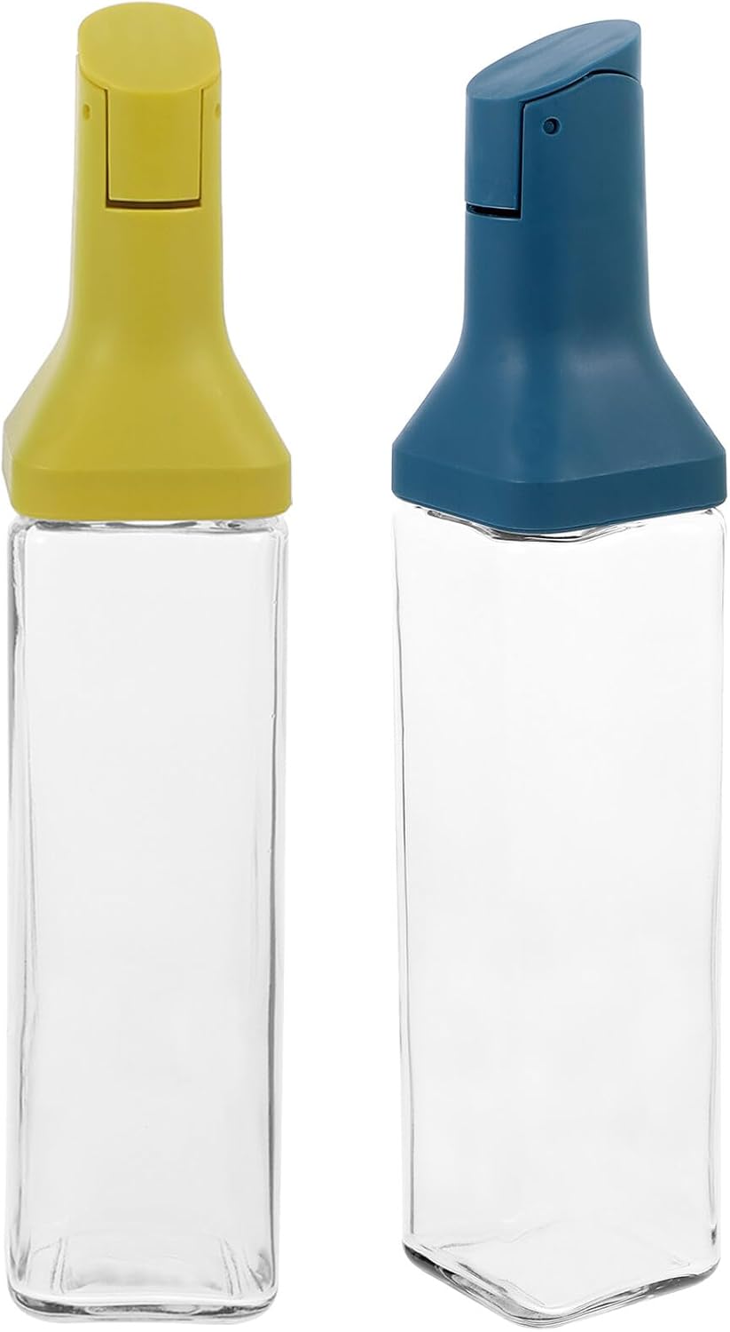 VICASKY 2pcs Glass Oil Dispensers Leakproof Kitchen Oil Bottle Set Bright Yellow and Blue Glass Containers Soy Sauce and Vinegar Non-drip Cooking Condiment Bottles for Home Use