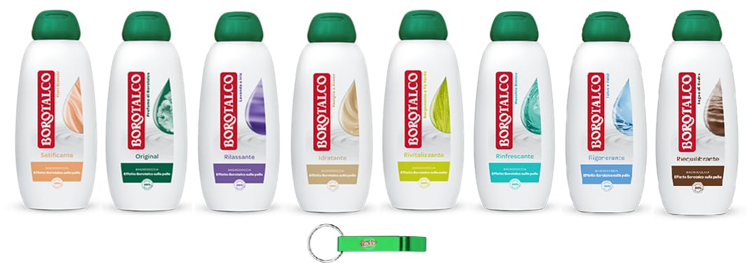 Borotalco Bagnoschiuma - Gel douche au parfum Borotalco classique - Peau douce, lisse et veloutée - Nettoyant pour le corps 16 x 450 ml + porte-clés Beni Culinari