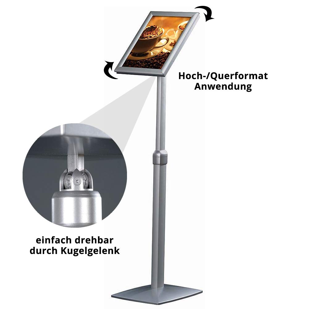 Infoständer höhenverstellbar DIN A4 | flexibler Infohalter mit schwerer Fußplatte für Hoch-/Querformat Einsatz