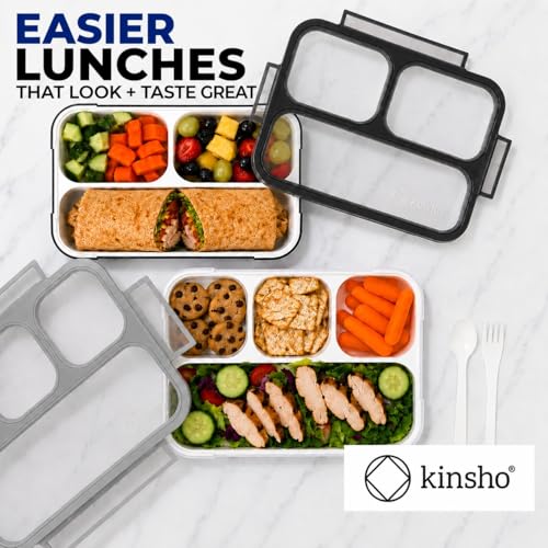 Image of kinsho Bento Box Lunch Boxes for Kids Adults, Meal and Snack Containers School Work Travel, 4 Divided Portion Control Compartments, Japanese Style, BPA Free, Utentils Included (Grey + Black, 2 Pack)