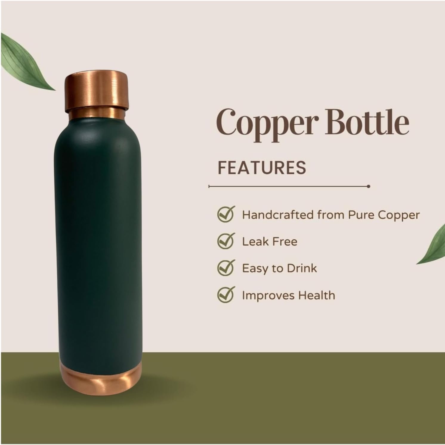 Perilla Home Plain Pure Copper Water Bottle 34 Oz Leak Proof 100% Pure Ayurvedic Copper Vessel with Lid - Drink More Water and Enjoy Health Benefits - For Yoga, Gym Bottle (Dark Green bottle)