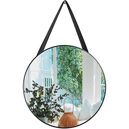 JJUUYOU Runder Hängespiegel Wandkreisspiegel Schwarzer Holzrahmen mit Seilaufhänger, Badezimmer Wandmontage Spiegel, Glasscheibe Abgerundeter Schminkspiegel auf Schlafzimmer, Wohnzimmer, Flur, 15 Zoll Cover