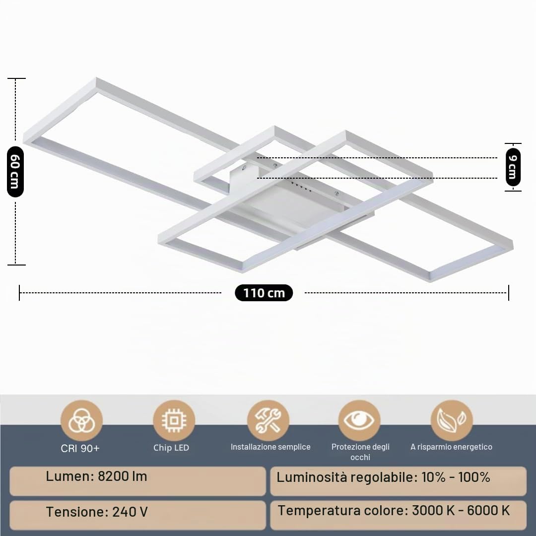 Plafoniera LED Soffitto Moderna,Plafoniera Salotto Dimmerabile, 115W Quadrata Geometrica Lampada Da Soffitto,per Decorativa Soggiorno, Camera da Letto,Sala da Pranzo,Cucina,Ufficio,140cm, Bianco