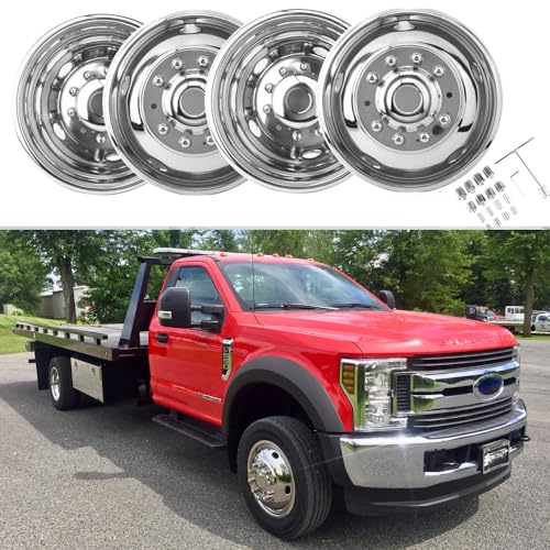 Image of 4pcs 19.5 inch 10 Lug Hubcaps Polished Stainless Steel Dually Wheel Simulators Compatible with 2005-2025 Ford F450 F550, Nice Looking and Durable Bolt On Wheel Cover with Full Kit Tools