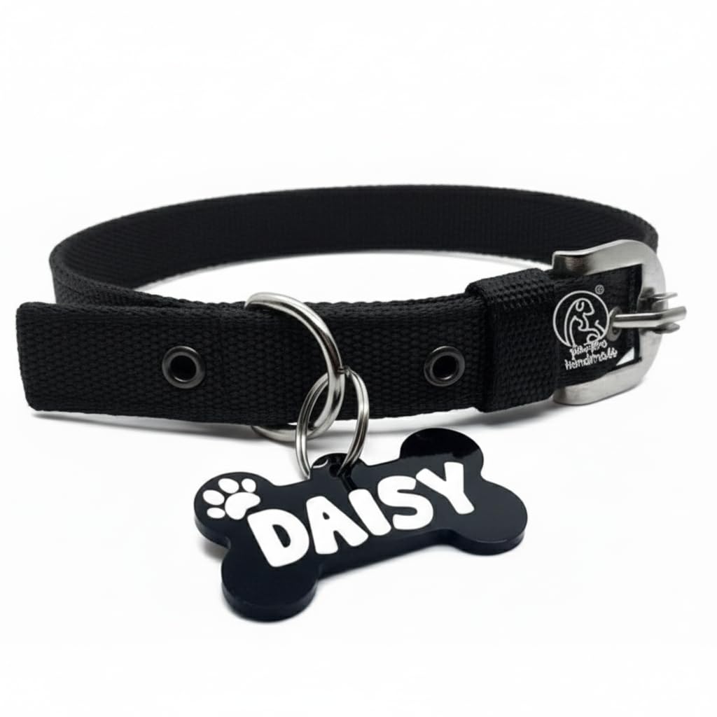 PAWPRO HANDMADE Nylon Personalized Black Dog Collar Belt with Customizable Dog Name Tag 40Cm -55Cm Soft Comfy Pet Collar for Small Medium Large Dogs (Medium, Black), 1 Label