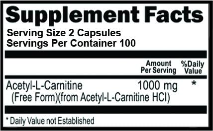 Acetyl L-Carnitine 1000mg Per Serving - 200 Capsules - 500mg per Capsule
