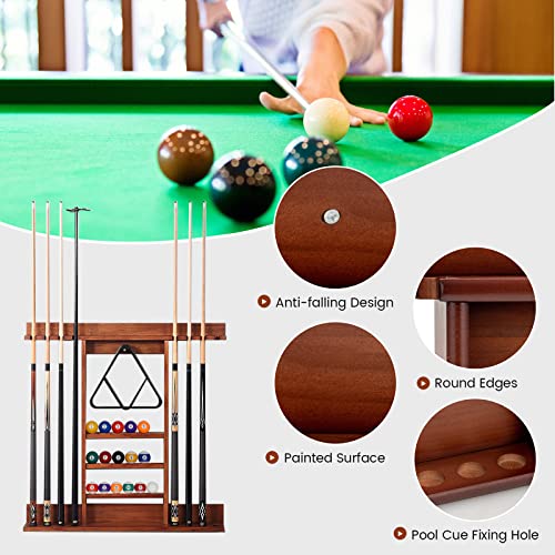 Goplus Pool Cue Rack, Wall Mounted Billiard Stick Holder, Made Of Solid Pine Wood, Holds 8 Cues & Full Ball Set & 1 Ball Rack, Compact Billiards Accessories For Billiard Room, Club, Bar (Brown) #TOP3