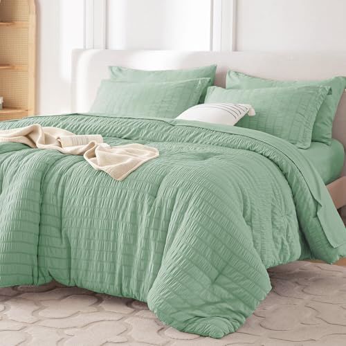 Image of MUXHOMO 7 Pieces Queen Comforter Set, Seersucker Bed in a Bag Queen Size, All Season Luxury Bedding Set with Comforter, Flat Sheet, Fitted Sheet, Pillowcases & Shams, Sage Green