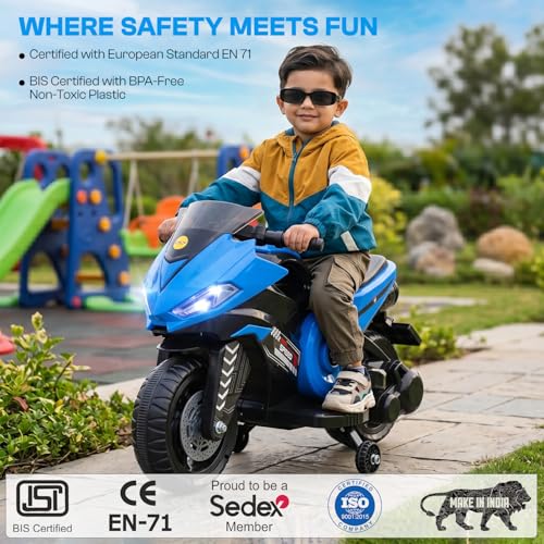 Image of Toyzone Speed Electric Bike (Blue) | 6V Rechargeable Bike with 4.5Ah Battery | LED Lights, Music, MP3 /USB /BT | Smooth Acceleration | 6M Battery Warranty | Age 2-8 Years, Upto 35 kg