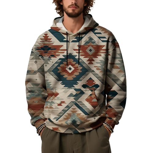 Mens Hooded Sweatshirt Western Aztec Printed Vintage Casual Pullover Tops Loose Fit Ethnic Fall Hoodies with Pocket
