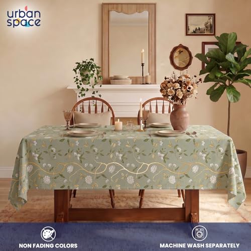 Image of Urban Space 100% Cotton Dining Table Cover for 6 Seater, Gold Foil Printed Cotton Table Cloth for Center Table, Dining Room Table Cover (Size 48 inch x 92 inch - 6 Seater, Zari Baagh Sage Green Gold)