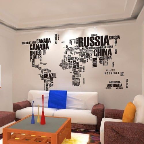 World Map Decal in Words-large Text World Map Stickers for Home or Office Decor