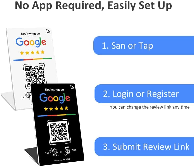 Review Business Stand for Google, NFC Tap & Dynamic QR Code, Easy Setup with Review Link Management, No APP Required, Review Us On Google, Review Sign For All Businesses (White, 5 Pieces)