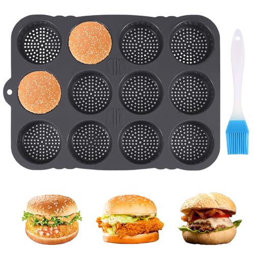 BlyeMichdi Hamburger Bun Pan,12 Cavity Non Stick Baking Pan with Oil Brush for Bread,Perforated Hamburger Bread Mold,Deep Dish Cookie Pan for Homemade Hamburger Buns