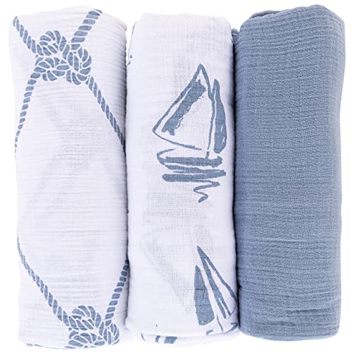 Image of Ely's & Co. Cotton Muslin Swaddle Blanket 3 Pack 47" x 47" - Dusty Blue Nautical Print