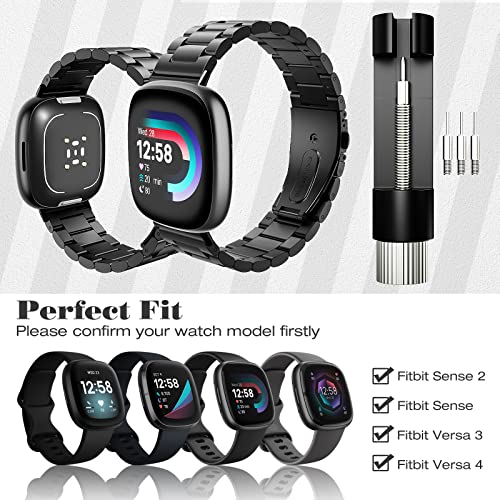 MoKo Metal Strap Compatible with Fitbit Versa 4/Versa 3/Sense 1/2, Stainless Steel Replacement Watch Band Wristband for Men Women Black - Image 2