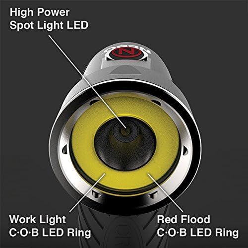 Close-up of Nebo CRYKET LED Flashlight head, detailing the High Power Spot Light LED, Work Light C.O.B LED Ring, and Red Flood C.O.B LED Ring.