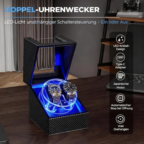 ANWBROAD Uhrenbeweger für Automatikuhren, 4 Modi, Doppelte Automatikuhren-Bewegungsbox mit LED-Kristalldesign, drehbares Uhrengehäuse mit superleisem Motor und Typ-C-Adapter, JWW007C