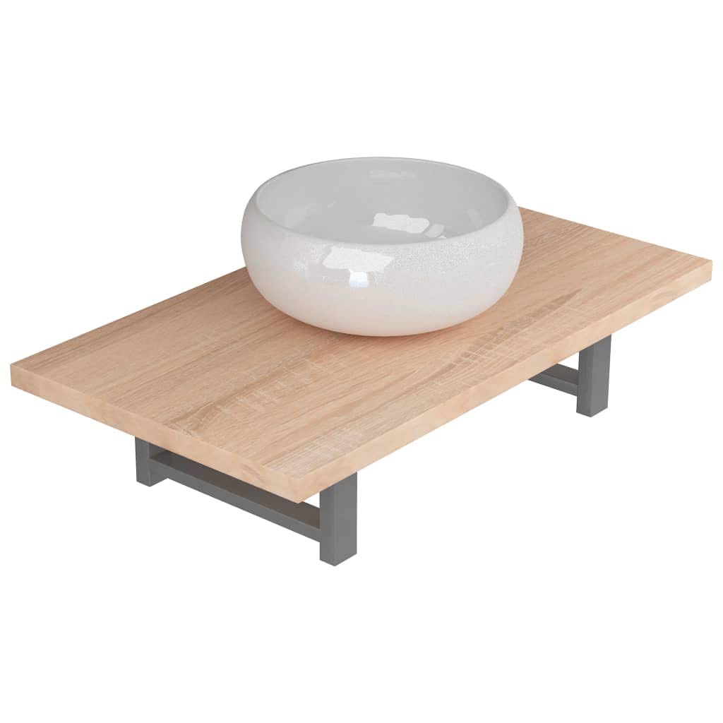 Dębowy brązowy ceramiczny zestaw mebli łazienkowych z okrągłą umywalką i regałem ściennym, 2-częściowy zestaw mebli łazienkowych ceramika dąb brązowy z półką ścienną do łazienki