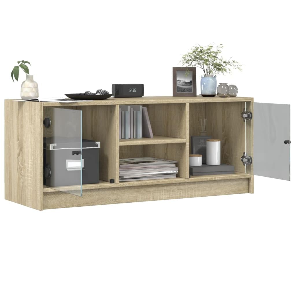 Mobile TV con ante in vetro, rovere Sonoma, 102 x 37 x 42 cm, mobile TV con vano portaoggetti, mobile basso e credenza per soggiorno, home theater, ripiano e gestione dei cavi